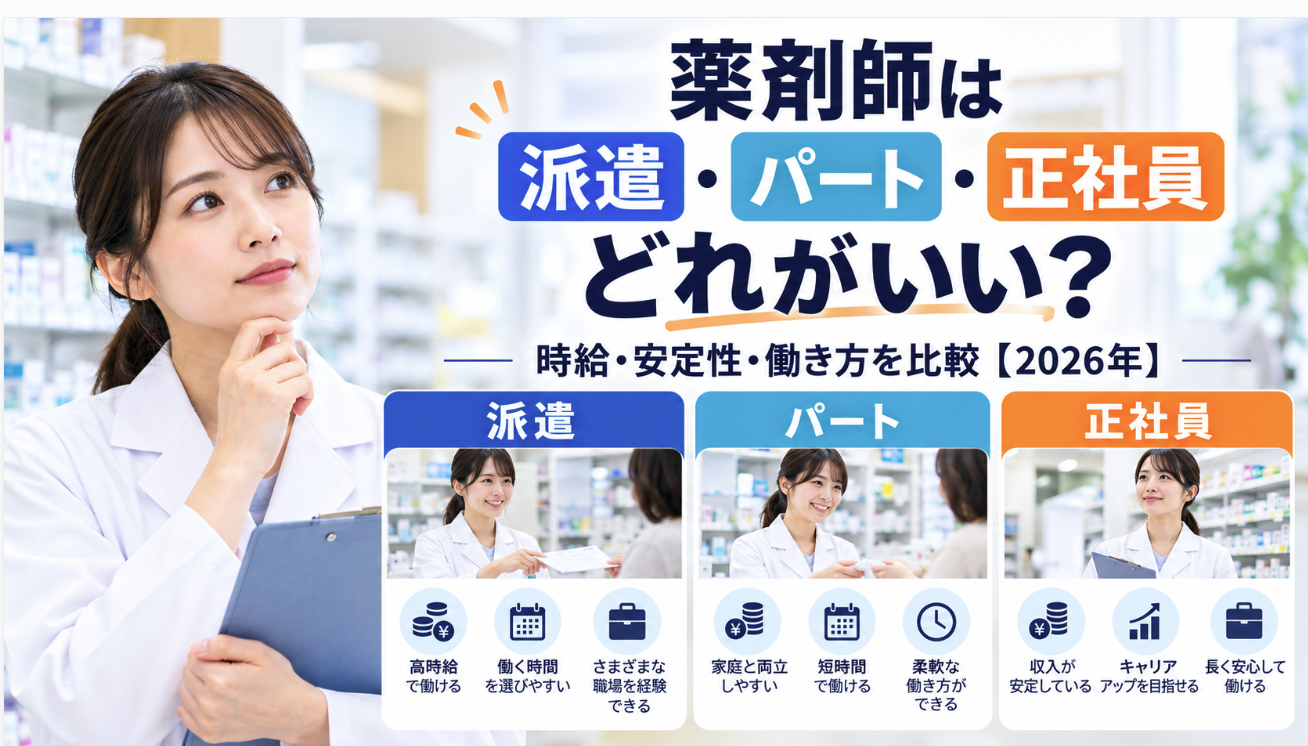 薬剤師は派遣・パート・正社員どれがいい?時給・安定性・働き方を比較【2026年】